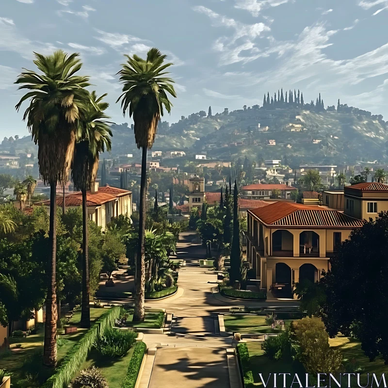 Scenic Urban Landscape with Palm Trees and Hills AI Image