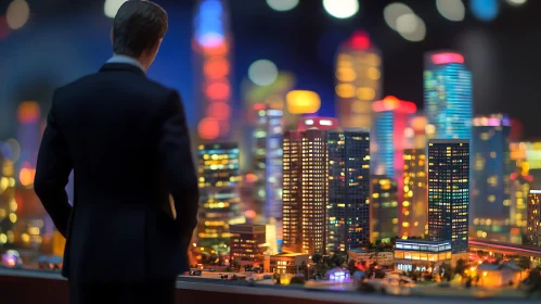 Miniature Urban Night Scene Observed by a Businessman