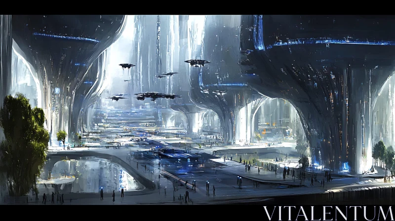 Sci-Fi Urban Landscape with Flying Vehicles AI Image