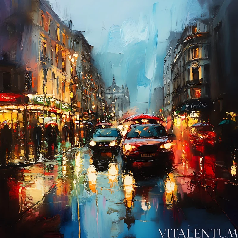 Rainy City Evening with Busy Streets and Reflections AI Image