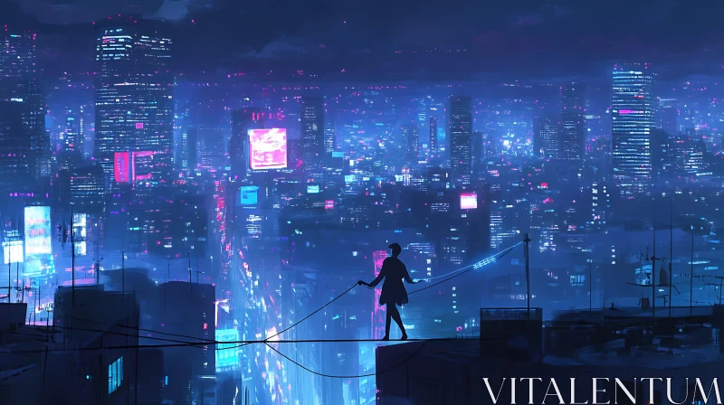 Urban Rooftop Scene in a Neon-Lit Future AI Image