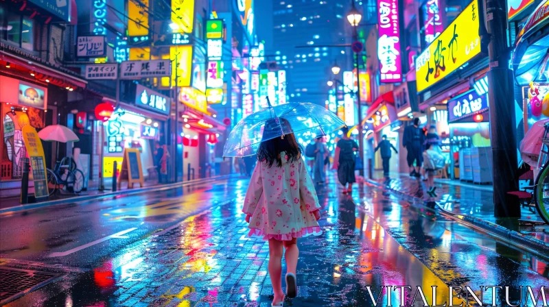 Nighttime Urban Scene with Neon Reflections and Umbrellas AI Image