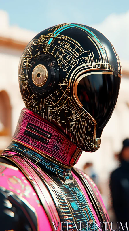 High-Tech Cyborg in Elaborate Gold Circuitry AI Image