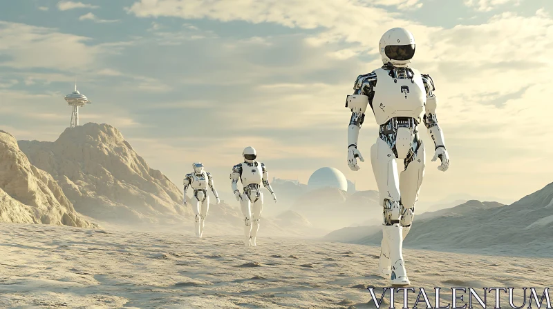 Futuristic Desert Walk with Robots AI Image