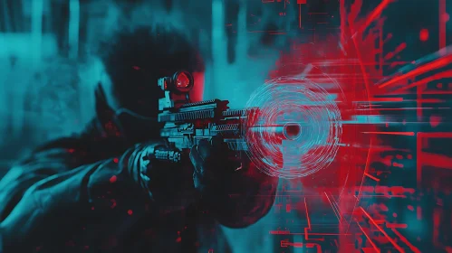 Cybernetic Sniper in a Neon Digital Landscape