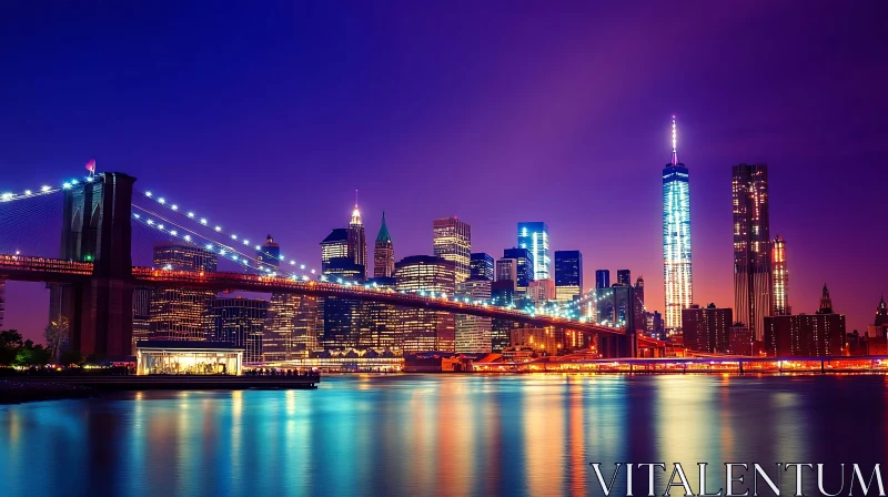 AI ART Illuminated Skyscrapers and Bridge Over Water at Night