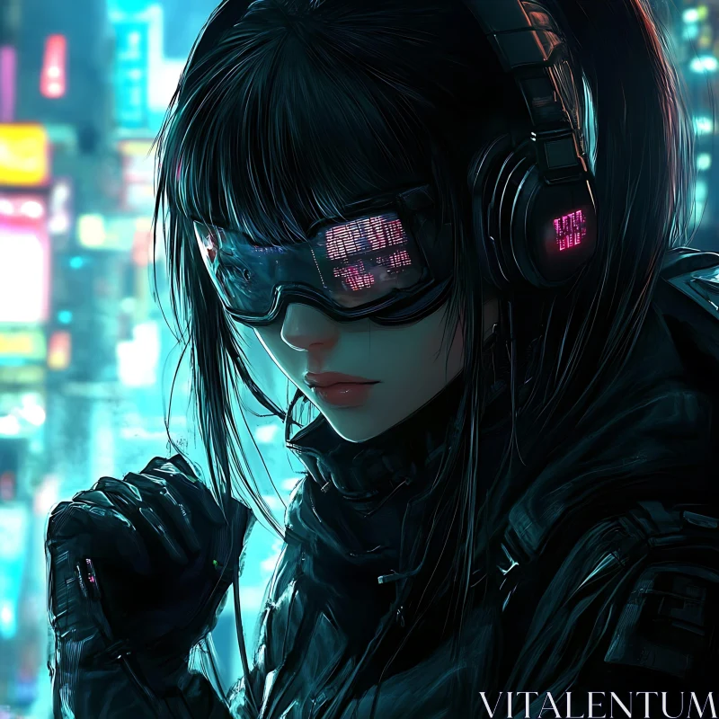 Futuristic Woman in Cyberpunk Gear and Neon Cityscape AI Image