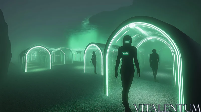 Green Neon Tunnel in a Futuristic Setting AI Image