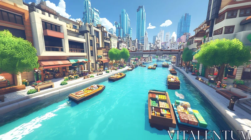 Vibrant Urban Canal Scene with Boats and Skyscrapers AI Image