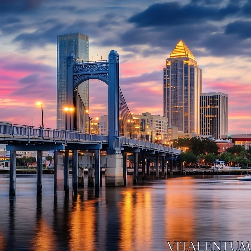 AI ART Urban Sunset Over Bridge and Buildings