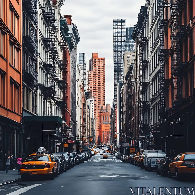 Vibrant City Scene with Yellow Taxis and Diverse Architecture AI Image