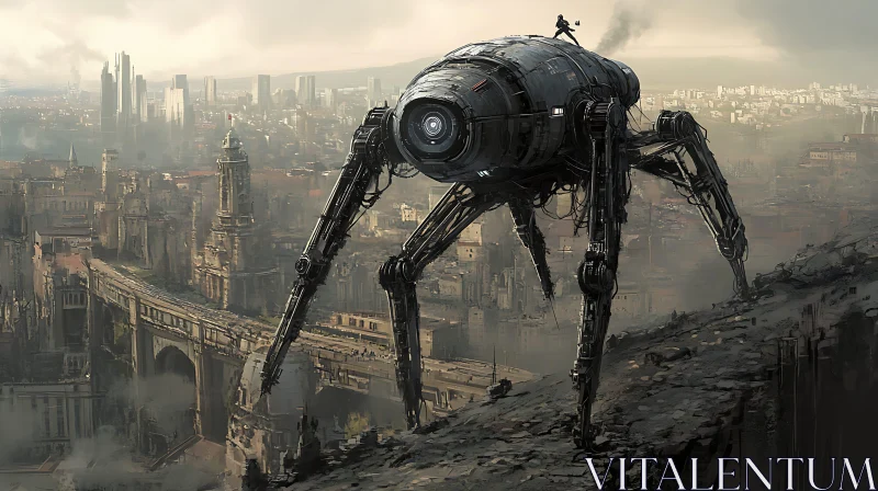 Robotic Arachnid Overlooking Desolate Urban Landscape AI Image