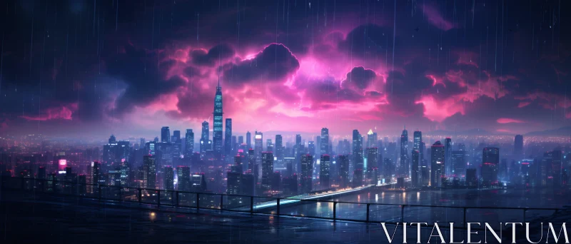 Urban Nightscape under Pink and Purple Sky AI Image