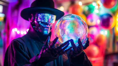 Neon-lit Cyborg Holding Crystal Ball