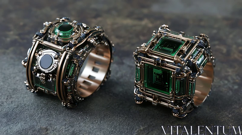 AI ART Geometric Metallic Rings with Emerald Inlays