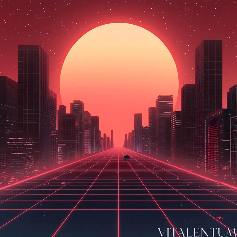 Neon Grid City with Setting Sun AI Image