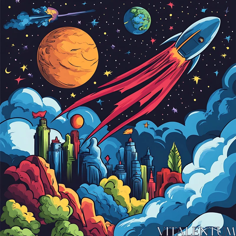 Vivid Science Fiction Illustration with Rocket and Planets AI Image