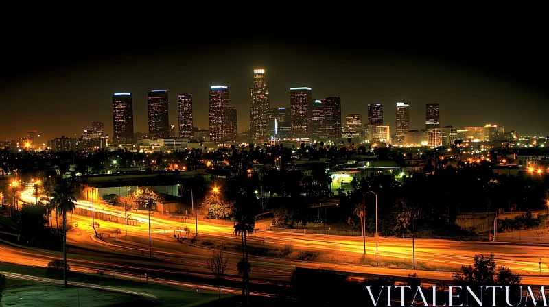 Night City Skyline with Bright Highway Lights AI Image