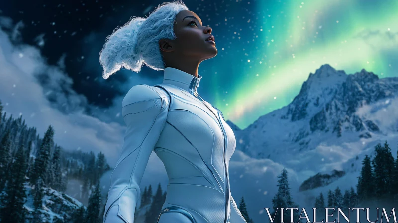 AI ART Person in Futuristic Attire beneath Northern Lights