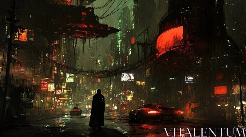 Cyberpunk Night City with Neon Lights and Rain AI Image