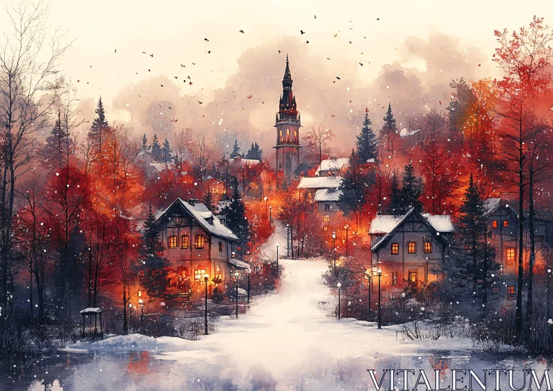 Winter Wonderland Village at Dusk AI Image