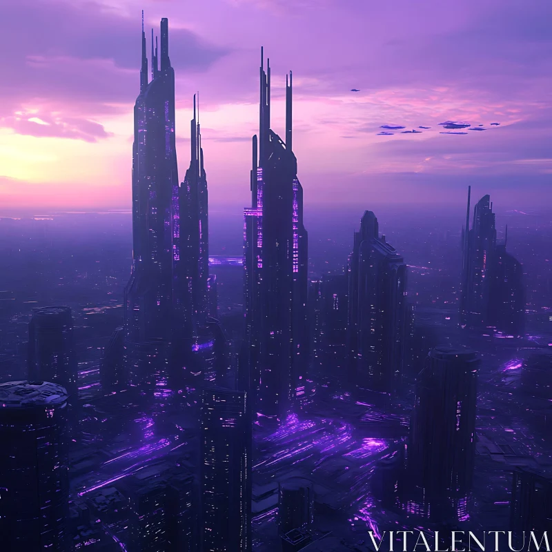 AI ART Purple Skyline in a Futuristic City at Dusk