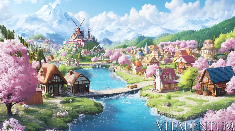 Serene Countryside Village in Spring AI Image