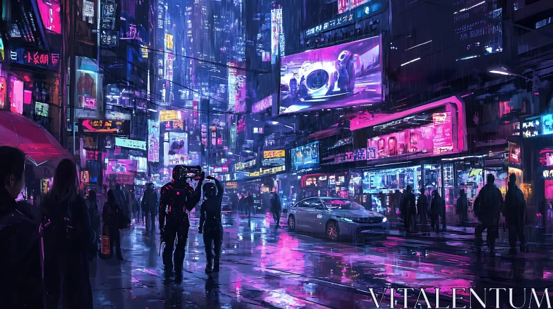 Cyberpunk Nighttime City Scene with Neon Lights AI Image