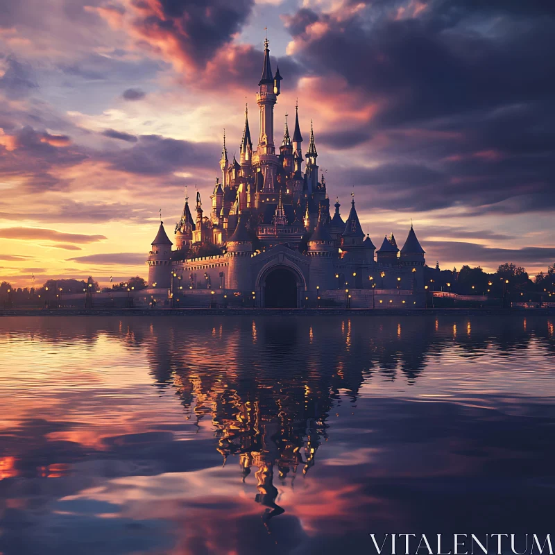 Fantasy Castle in Golden Twilight AI Image