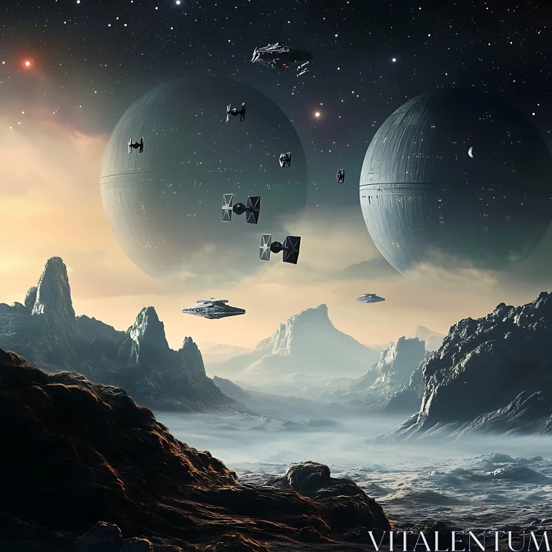 Alien Terrain with Futuristic Spacecraft and Planets in Background AI Image