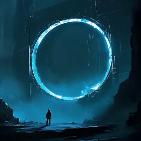 Glowing Blue Portal in Dark Futuristic Setting