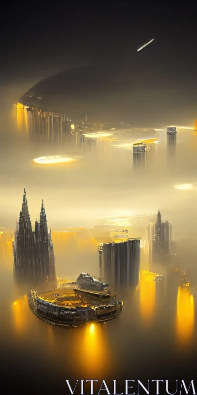 Foggy Nightscape of a Modern Urban City AI Image