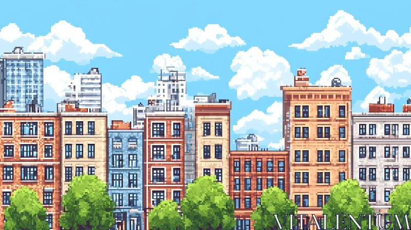 Urban Skyline in Pixel Art with Varied Architecture AI Image