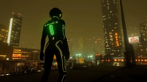 Neon-Suited Character in Cyberpunk City