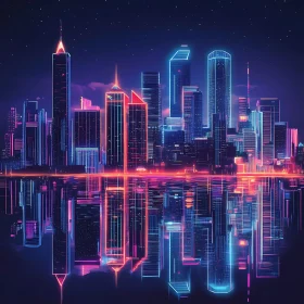 Futuristic Neon Skyline Reflected on Water at Night