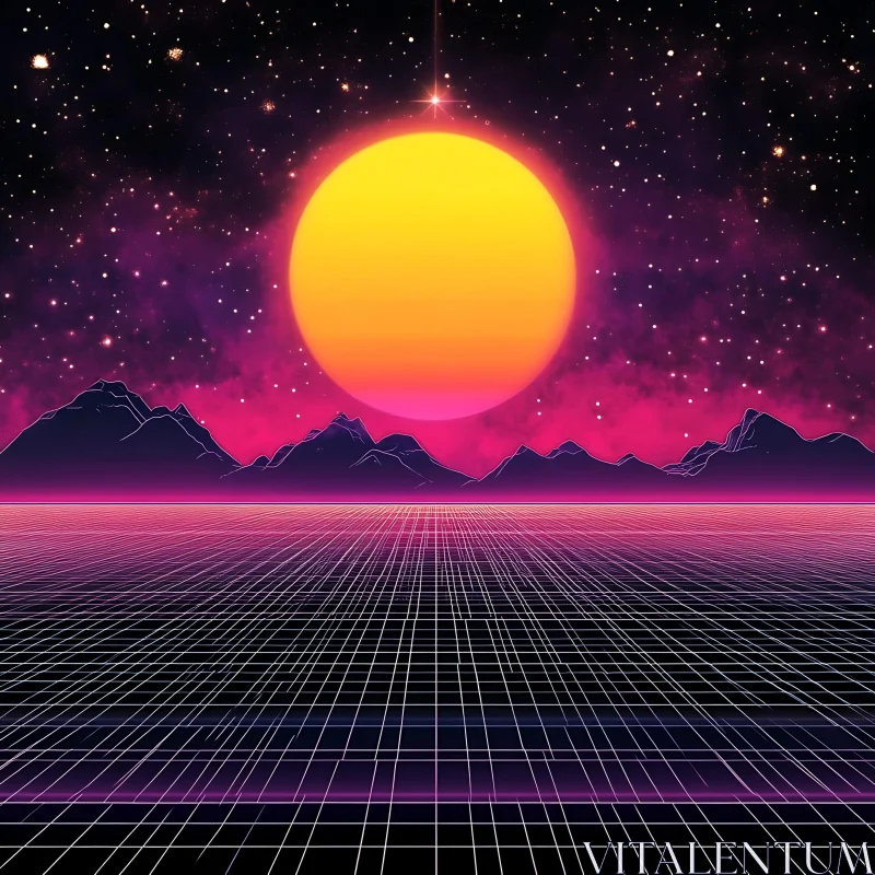 Cosmic Neon Sunset Over Futuristic Terrain AI Image