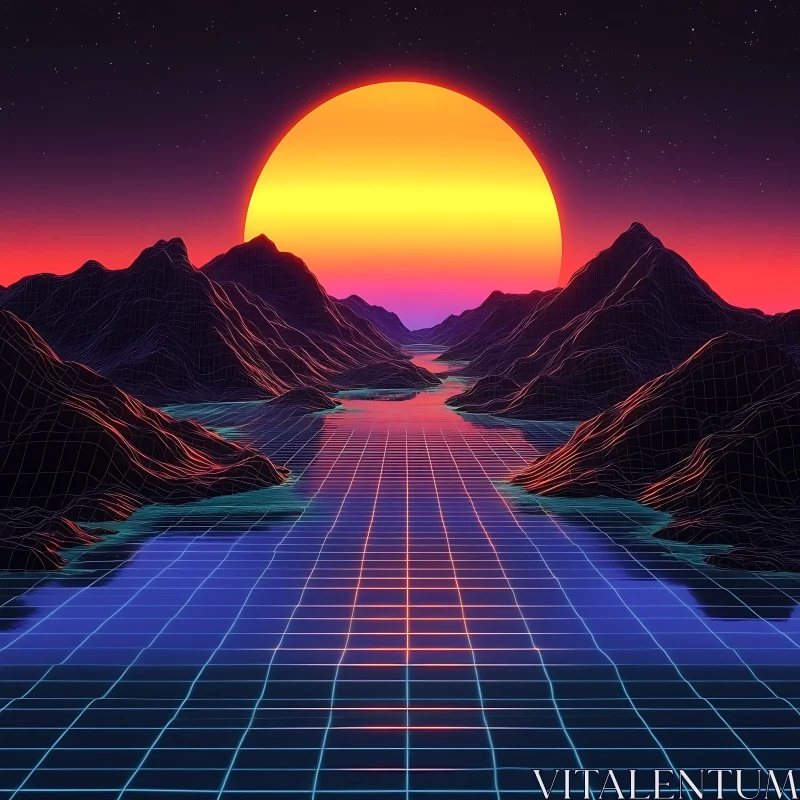 Futuristic Grid Landscape with Setting Sun AI Image