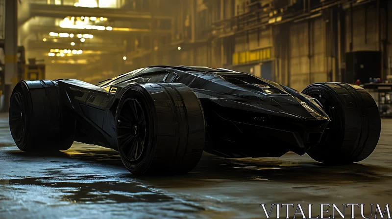 Sleek Black Futuristic Vehicle in Dimly Lit Interior AI Image