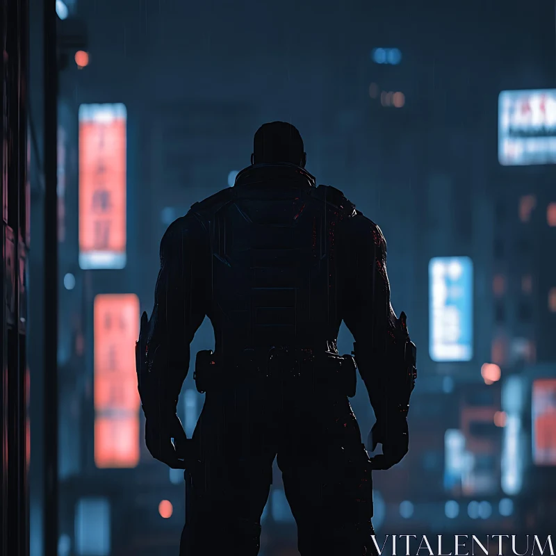 Urban Cyberpunk City with Silhouetted Figure AI Image