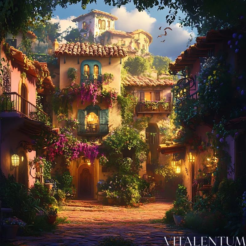 Rustic Mediterranean Village Street AI Image