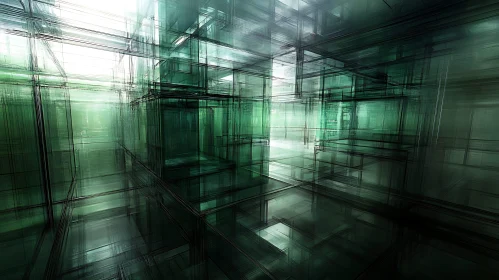 Maze of Green-Tinted Glass Structures