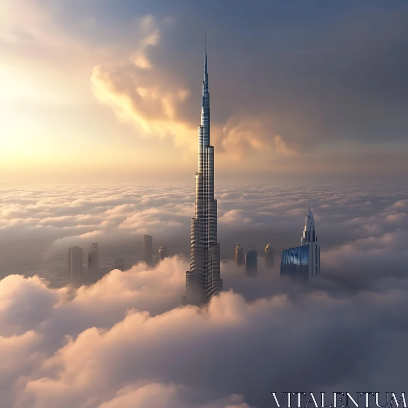 Modern Skyline Amidst Clouds and Sunset AI Image