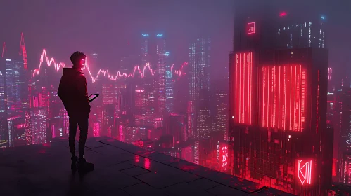 Cyberpunk Night Skyline with Lone Figure