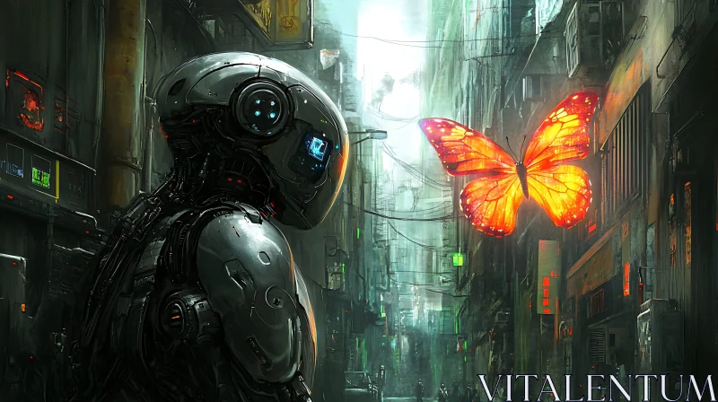 Cyberpunk Alley with Robot and Butterfly AI Image