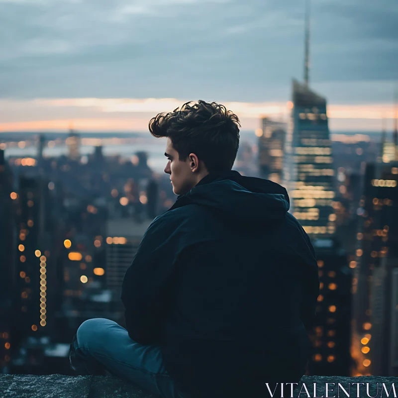 Solitary Reflection Above Urban Landscape at Dusk AI Image