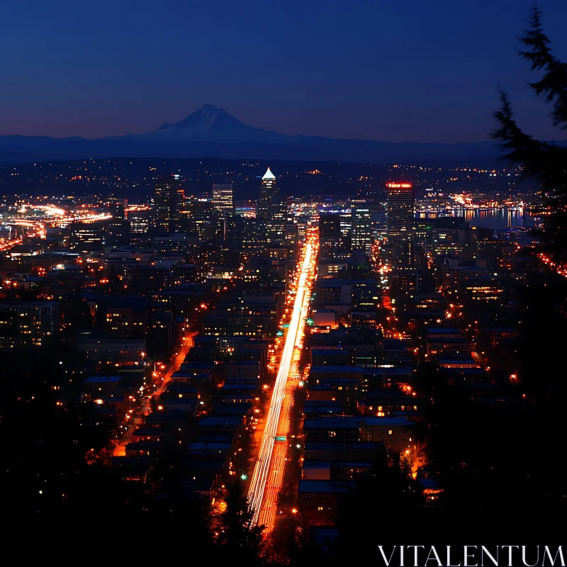 Night City Skyline with Traffic Streaks and Mountain Backdrop AI Image