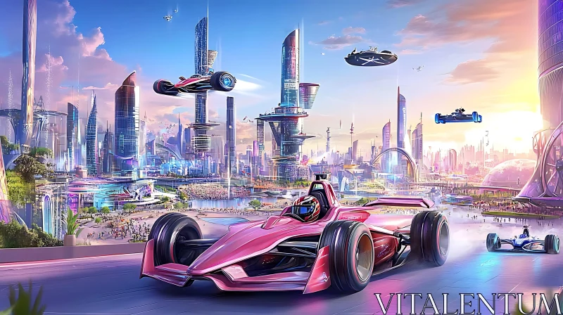 High-Tech Race Cars in a Technologically Advanced City AI Image