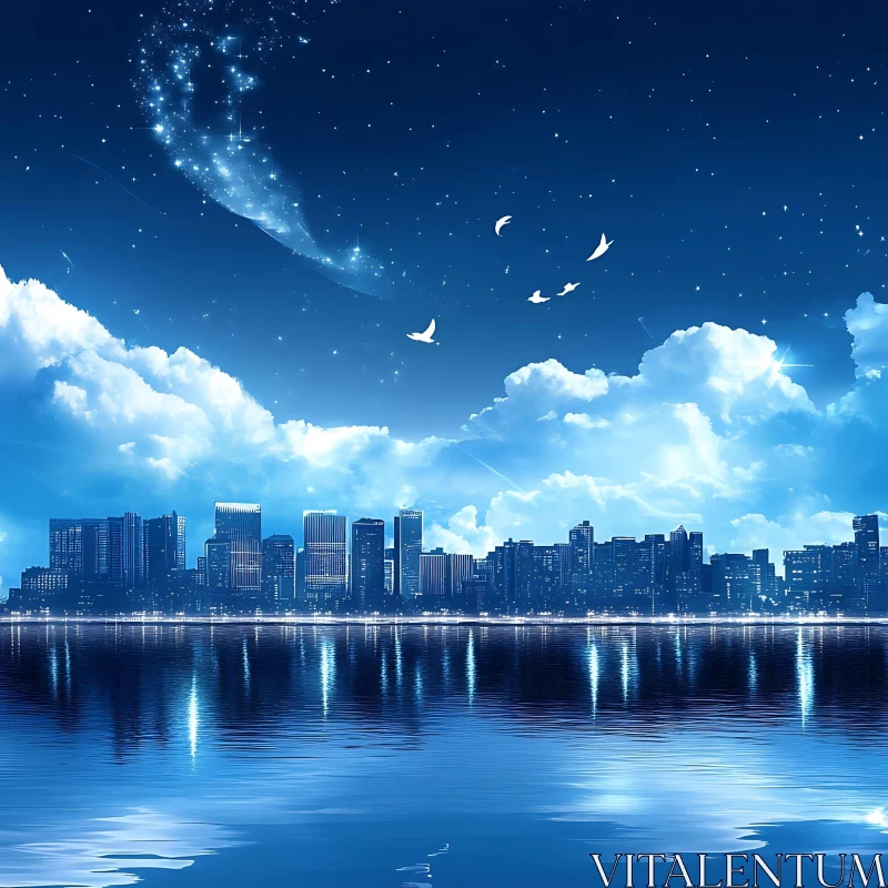 Nocturnal Cityscape with Tranquil Waters AI Image