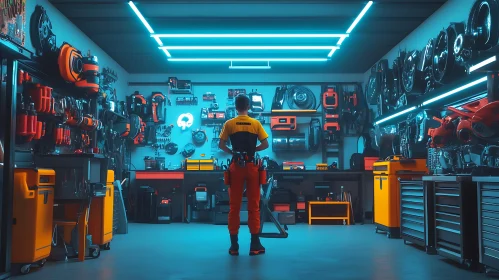 Technician in Modern Neon-Lit Workshop