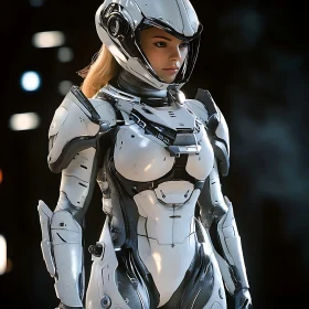 Futuristic Female Cyborg in High-Tech Armor